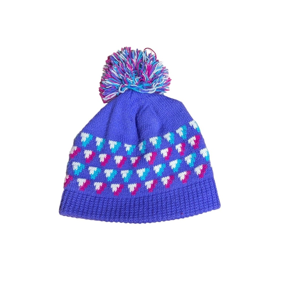 Vintage Purple Fair Isle Knit Beanie Pom Pom Winter Hat Geometric Purple Retro